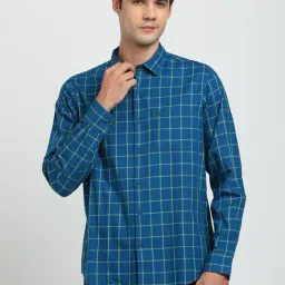 Turtle Blue Cotton Slim Fit Chequered Shirt-image-8