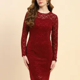 Global Republic Maroon Self Design A Line Dress image 1
