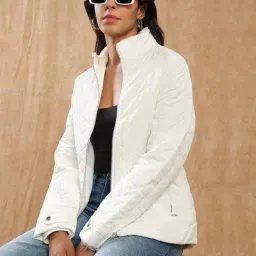 Globus Women White Mock Neck Front Zip 2 Pockets Winter Wear Insulator Puffer Jacket-image-42