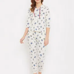 Clovia Beige & Blue Printed Hoodie With Joggers-picture-11