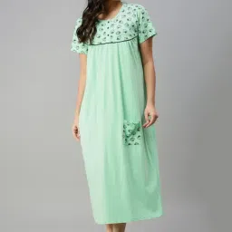 Kryptic Pista Green Printed Pure Cotton Maxi Night Dress-image-80