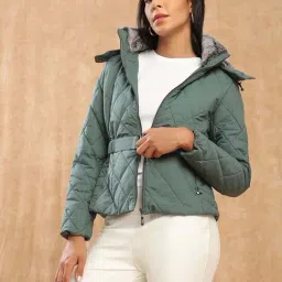 Globus Women Green Mock Neck Front Zip Winter Wear Insulator Puffer Jacket With Detachable Hood-image-20