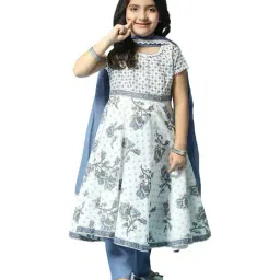Biba Girls Off-White & Blue Cotton Floral Print Kurta Set-image-55