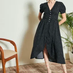 KASSUALLY Black & White Cotton Printed Midi Dress image 1