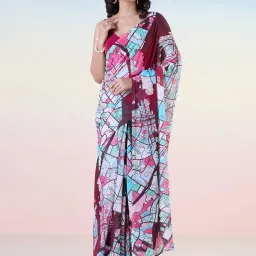 navyasa by liva Maroon & Blue Printed Saree With Unstitched Blouse image 1