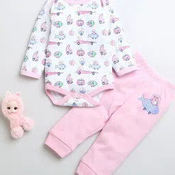 Bumzee Girls White & Pink Printed Full Sleeves Bodysuit With Pyjamas image 1