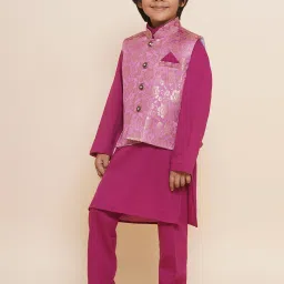 AJ Dezines Kids Pink Floral Print Full Sleeves Kurta, Pyjamas & Waistcoat image 3