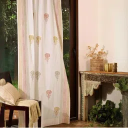 Peepul Tree White & Mustard Pure Cotton Marigold Collection Sheer Curtain image 1