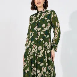 Styli Green Polyester Flared Printed Dresses image 1