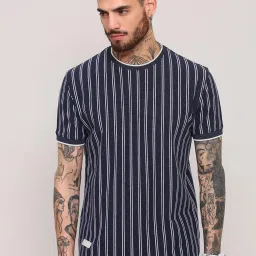 showoffff Showoff Navy Blue Cotton Slim Fit Stripes T-Shirt image 1