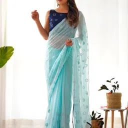 Saree Mall Blue Embellished Saree With Unstitched Blouse image 1