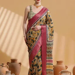 Saree Mall Mustard & Pink Printed Saree With Unstitched Blouse image 1