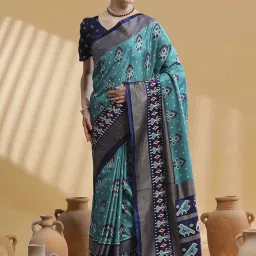 Saree Mall Blue Silk Printed Saree With Unstitched Blouse image 1