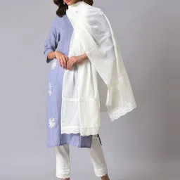W Off-White Cotton Embroidered Dupatta image 3