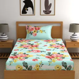 Home Ecstasy 140TC 100% Cotton Floral Sea Green Single Bedsheet with 1 Pillow Cover image 3