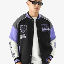 The Souled Store Black Cotton Loose Fit Black Panther : The King Varsity Printed Bomber Jackets image 1