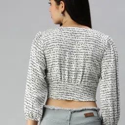 showoffff SHOWOFF Three-Quarter Sleeves V-Neck White Typography Crop Top image 3