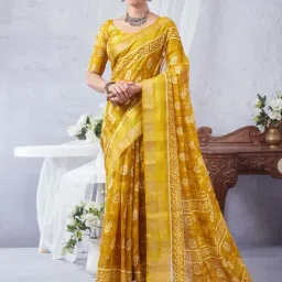 Satrani Yellow Floral Print Saree With Unstitched Blouse-image-44