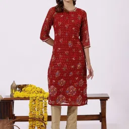 W Red Polyester Floral Kurta image 1