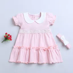 Bumzee Kids Pink Solid Frock with Headband image 1