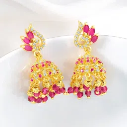 Peora Gold Plated Pink Cubic Zirconia Studded Jhumki Earrings image 1