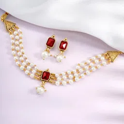 Peora Gold Plated White Maroon Synthetic Stone & Beads Studded Necklace & Earrings Set image 1