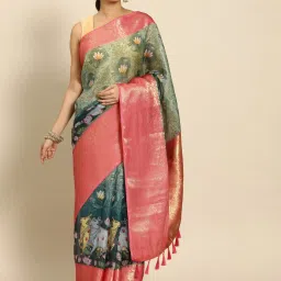 Silk Land Green Printed Saree With Unstitched Blouse image 1