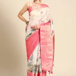 Silk Land Beige & Pink Printed Saree With Unstitched Blouse image 1