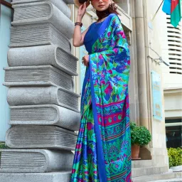 Elora Blue Satin Crepe Printed Saree image 1