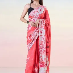 navyasa by liva Peach Printed Saree With Unstitched Blouse image 1
