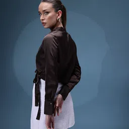 bebe Future Glam Wrap-Detail Satin Party Crop Shirt-Style Top with Tie-Ups image 4