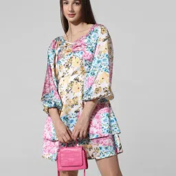 Only Pink & Beige Floral Print A Line Dress-picture-14