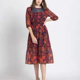 SHAYE Blue Blended Printed A-Line Dress-image-29