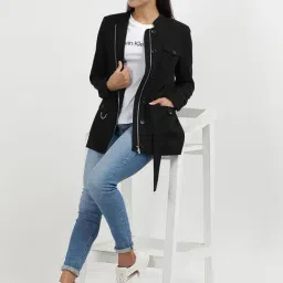 CALVIN KLEIN JEANS Black Regular Fit Rayon Mandarin Collar Jacket image 5