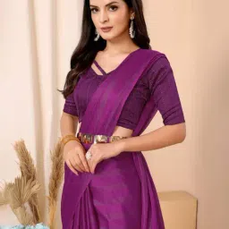 FABMORA Purple Striped Saree With Unstitched Blouse image 4