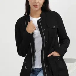 CALVIN KLEIN JEANS Black Regular Fit Rayon Mandarin Collar Jacket image 4