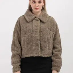 CALVIN KLEIN JEANS Brown Regular Fit Polyester Classic Collar Fur Jacket-picture-10