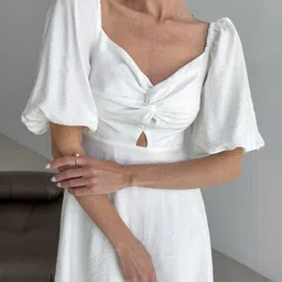 bebe White Off-Shoulder Twist Front A-Line Midi Dress image 5