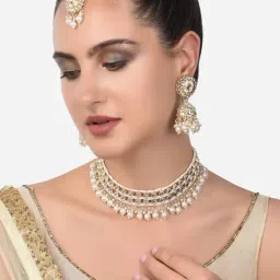 Zaveri Pearls Gold Tone Kundan & Pearls Choker Necklace Earring Maangtikka & Ring Set-ZPFK14414-picture-17