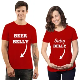 iberry's Cotton Couple Tshirt Matching Maternity Tshirt for Women and Men| Maternity Couple Tshirt for Photoshoot- 03 (Red) image 1