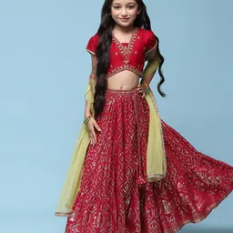 BIBA Half Sleeves Floral Embroidered & Gota Lace Embellished Choli With Foral Printed Lehenga & Dupatta - Pink-image-99