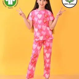 Anthrilo Cotton Knit Half Sleeves Hearts Printed Coordinating Night Suit - Pink-picture-31