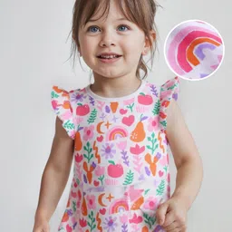 Babyhug Cotton Knit Frill Sleeves Top with Tropical Theme Print - White-image-74