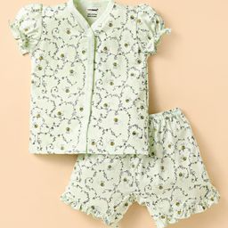CUCUMBER Sinker Knit Half Puffed Sleeves Co-ords Shorts Night Suit with Bee & Floral Print - Light Green-picture-30