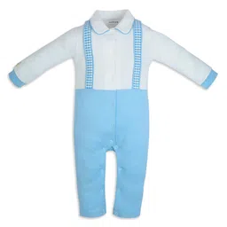 My Milestones Full Sleeves Solid Romper With Attached Straps - Blue & White-picture-13