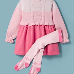 ToffyHouse Cotton Knit Full Sleeves Winter Frock with Cable Knit Design & Stockings - Pink-picture-17