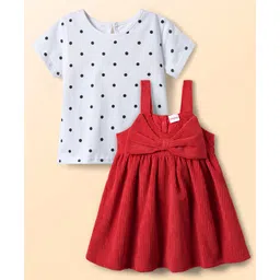 Babyhug Cotton Woven Frock & Half Sleeves Inner Tee With Polka Dot Print & Bow Applique - Red & White-picture-23