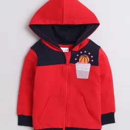 BUMZEE Fleece Knit Full Sleeves Basketball Printed Hooded Sweatjacket With Kangaroo Pockets - Red & Navy Blue-picture-38