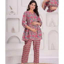 CeleBravo Rayon Woven Three Fourth Sleeves Floral Printed Maternity Ethnic Kurta With Nursing Access & Pant Set - Beige-picture-23