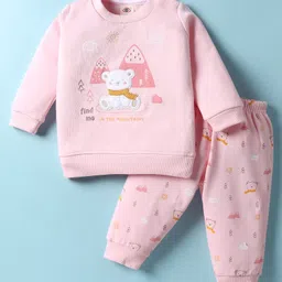 Zero Fleece Knit Full Sleeves Night Suit with Animal Embroidery & Patch - Light Pink-picture-15